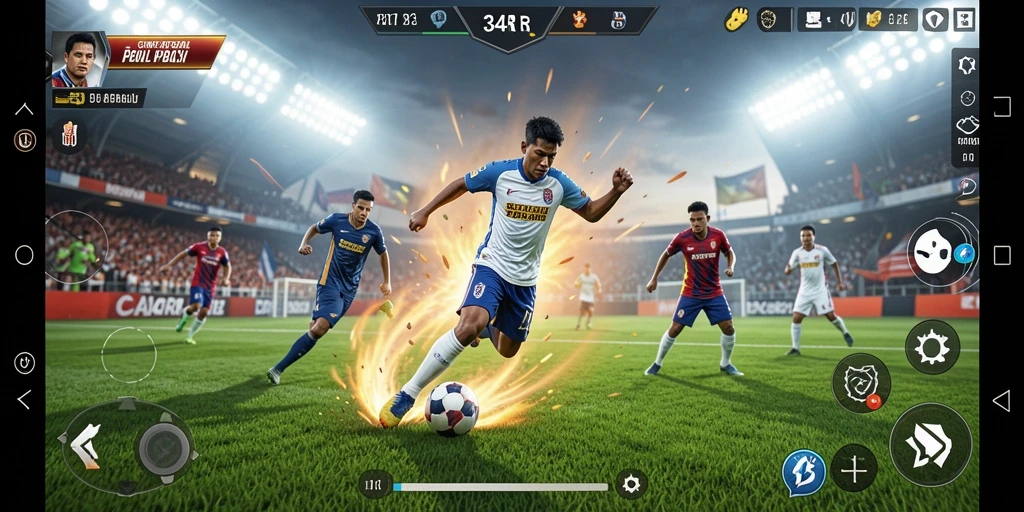 Tampilan gameplay <strong>34R</strong> yang penuh aksi dalam pertandingan sepak bola.