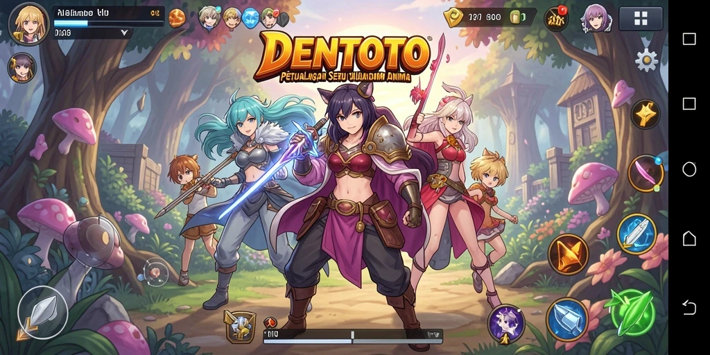 Screenshot DENTOTO menampilkan pertempuran seru dengan karakter anime.