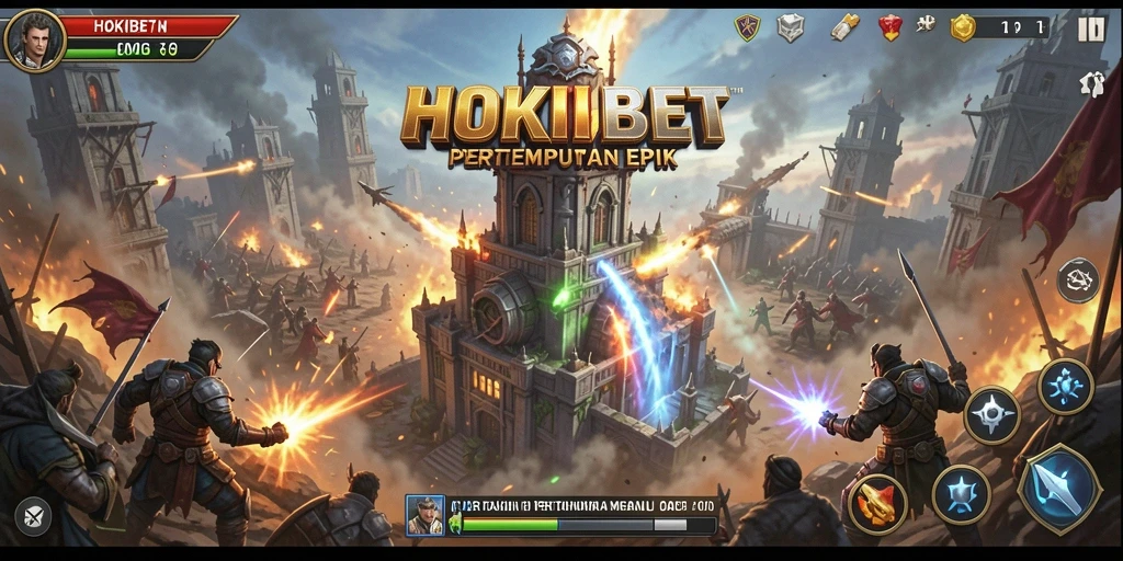 Tampilan gameplay HOKIBET menonjolkan serangan menara yang strategis dan menegangkan.