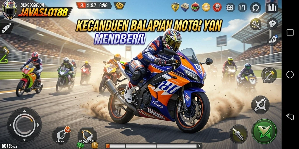 Screenshot utama menunjukkan aksi balapan motor yang menegangkan.