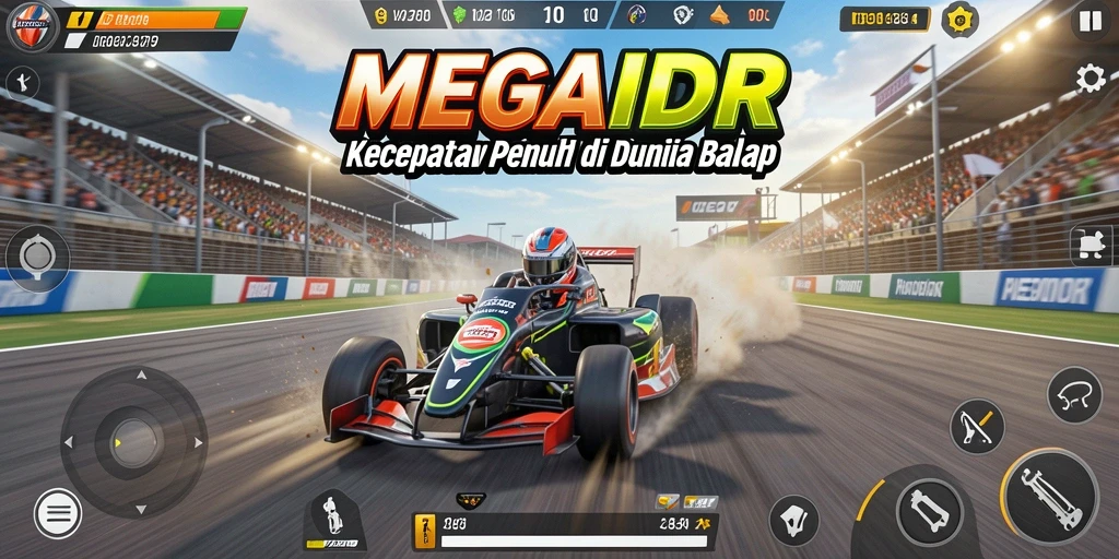 Tampilan gameplay balap yang mendebarkan dan penuh aksi di MEGAIDR.