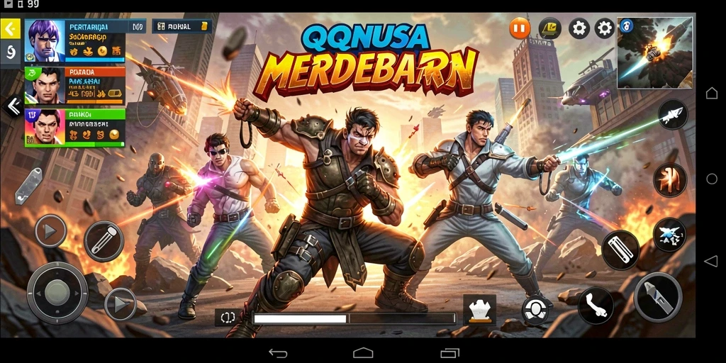 Screenshot utama QQNUSA menampilkan aksi pertarungan yang seru.