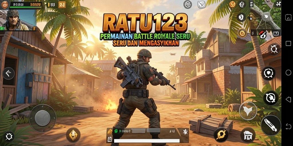 Screenshot utama menampilkan gameplay seru dari RATU123 di medan pertempuran Battle Royale.