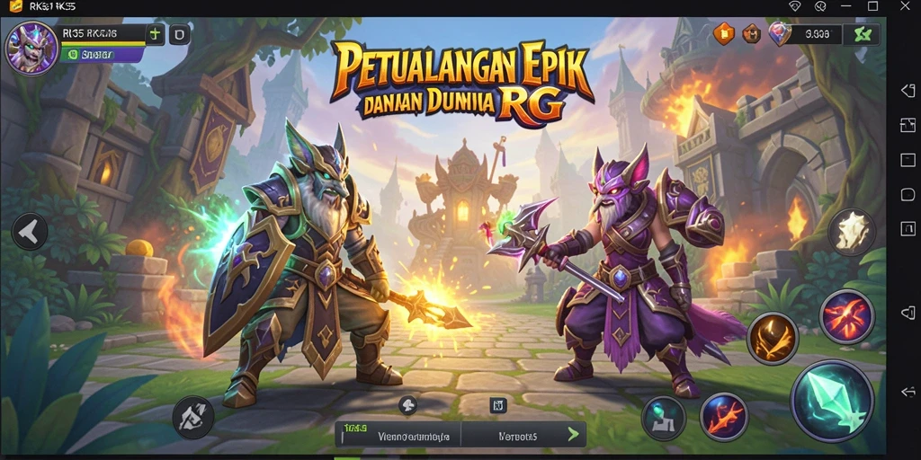 Tampilan screenshot utama RK55 menampilkan karakter bertarung di dunia RPG yang penuh petualangan.