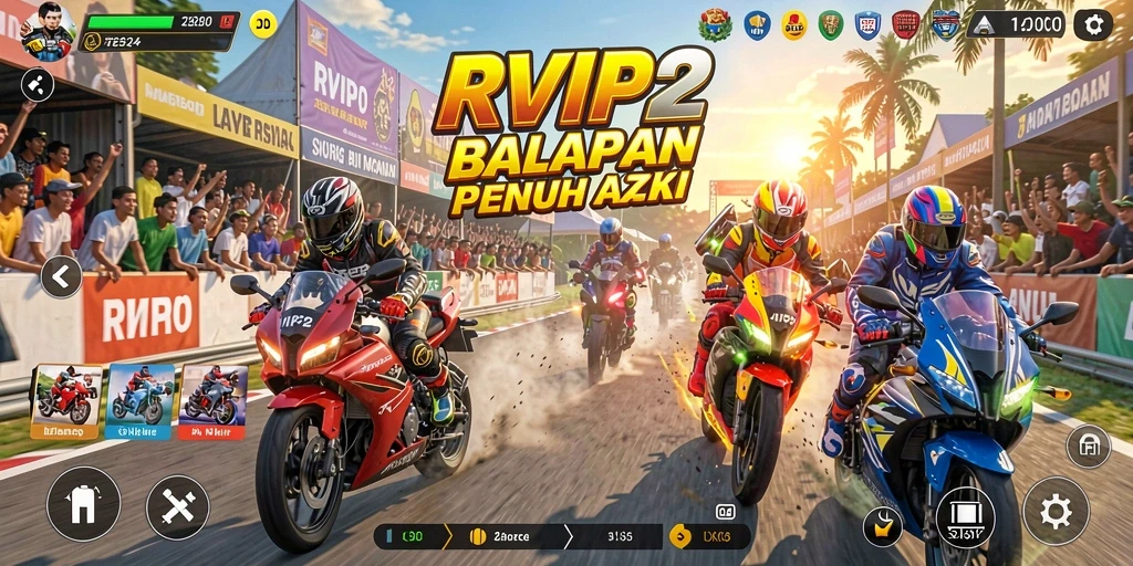 Screenshot menunjukkan aksi balapan motor yang seru dan cepat.