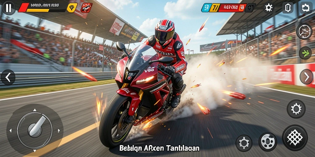 Screenshot gameplay V98 yang menunjukkan aksi balapan motor yang intens.