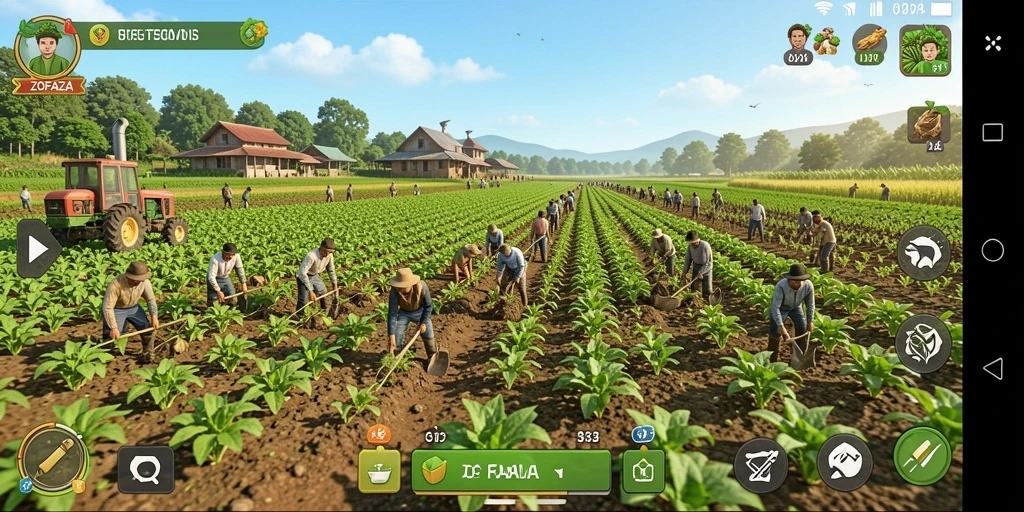 Tampilan gameplay ZOFAZA dengan ladang yang subur dan karakter lucu.